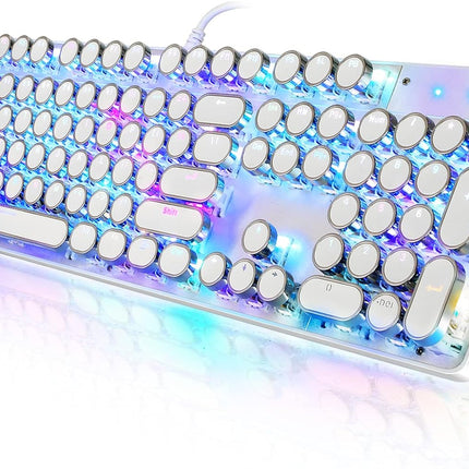 Typewriter Style Mechanical Gaming Keyboard RGB Backlit Wired with Blue Switch Retro Round Keycap 104 Keys Keyboard (R-White)