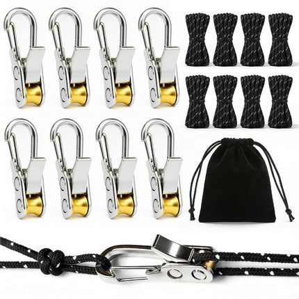 8 Pack Rope Tensioner Set with Alloy Buckles and Storage Bag, Adjustable Tie Down Ropes for Tent, Tarp, Hammock, Clothesline, Luggage & Outdoor Use (Green)