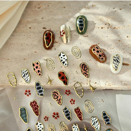 French Leopard Print Nail Art Stickers Chromatic Gold Nail Decal 5D Embossed Irregular Geometric for Sticker Nail Art Jelly Butterfly Wings Nail Supply for Women Girl DIY Manicure Decoration 1Pc