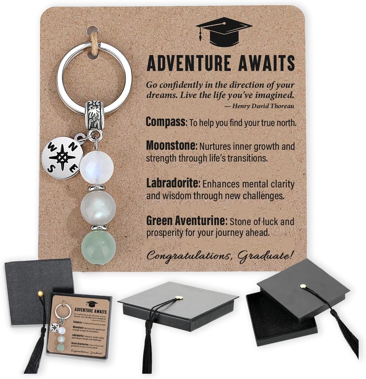 2026 Graduation Gifts Her Him - Class of 2026 Keychain with Moonstone Labradorite Crystals & Compass Charm 