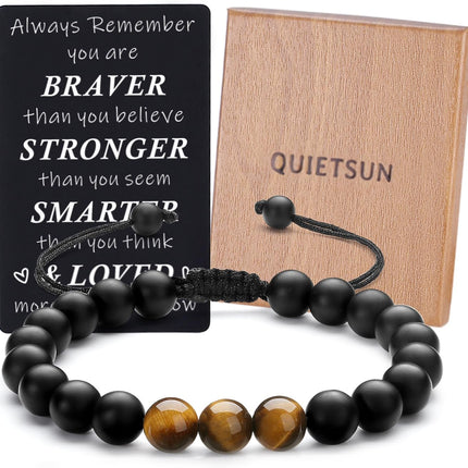 Quietsun Cool Gifts for Teen Boys/Men-Natural Gemstone Bracelet with Meaningful Metal Wallet Card in Gift Box