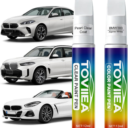 Alpine White(300) Touch Up Paint Compatible with BMW,2-In-1 Car Scratch Remover Pen,Car Paint Scratch Repair Kit for Scratches,Chips & Nicks,2-PCS SET