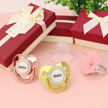 Personalized Pacifier with Name, Bling Gold Pacifier Clip Set Storage Box, Customized Glitter Crystal Luxurious Soother Ideal Gift for Boys Baby Shower Photography Newborn (Silvery)