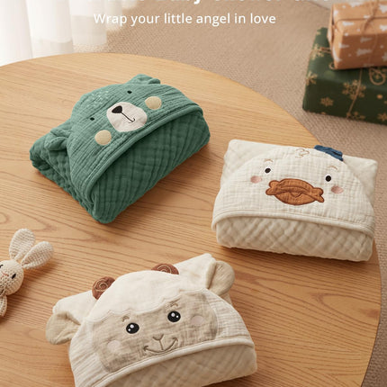 Muslin Baby Hooded Towel 2 Pack, Soft & Absorbent Bath Towel for Infant, Toddler, Unisex, Baby Gift, Newborn Essentials, Bear & Lamb