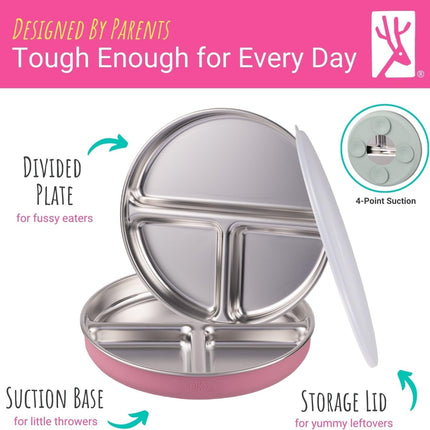 Elk and Friends Stainless Steel Divided Plates with Silicone Sleeve for Babies & Toddlers | Lids Included | Stay Put Suction | Dinner & Snack Plates | 2 Pack