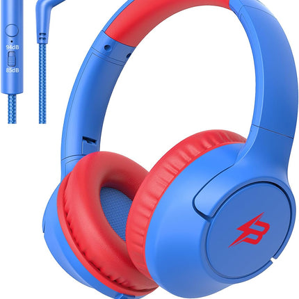 Kids Headphones for School, 85/94 dB Volume Limit, Wired Over Ear Headphones for Kids Boys Girls with Microphone, Foldable Stereo Sound 3.5mm Wired Cord for Kindle Tablet Airplane Travel, Blue