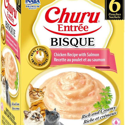 INABA Churu Entrée Bisque for Cats, High Protein & Moisture, Prebiotic Wet Cat Food, 1.76oz. per Serving, 6 Pouches, Chicken with Salmon Recipe