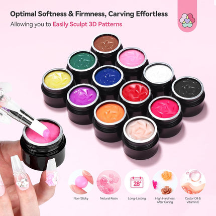 SAVILAND 3D Nail Gel Set: 12 Colors Non-Sticky Soak Off 3D Sculpting Gel for Nail Art Painting Drawing Hand Carving Molding with Sculpture Pen for 3D Nail Art Design Home Salon Manicure DIY