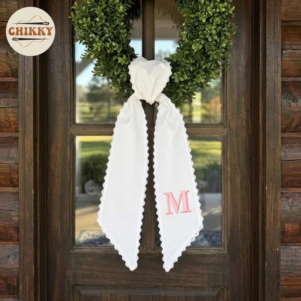 Monogram Wreath Sash Bow for Front Door, Wreath Ribbon with Adjustable Bow Knot Farmhouse Door Wreath Decor Monogram Embroidered Sash for Holiday,Wedding,Memorial (12 - Initial)