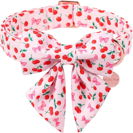 Spring and Summer Dog Collar with Bow Tie, Cherry Bowtie Collar Adjustable for Girl Boy Dog, Spring Pink Bow Collar for Dogs, M