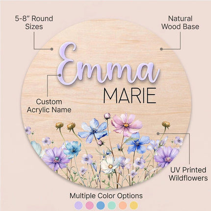 Personalized Wooden Birth Announcement Sign with Raised Acrylic Name – Custom Baby Name Plaque with Wildflowers – Newborn Hospital Photo Prop – 5" to 8" Round Sizes | BS102