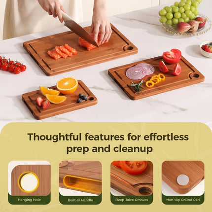 Bamboo Cutting Board for Kitchen – 3-Piece Wooden Boards with Juice Grooves, Side Handles, Non-Slip Mats