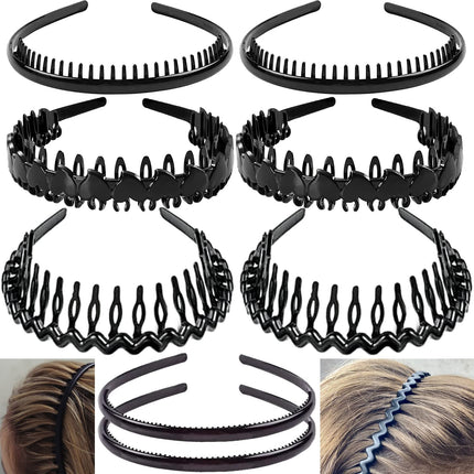 8 PCS Fashion Effortless Plastic Headbands with Teeth Comb Black Skinny Headbands No Slip Hair Accessories Bands for Women Men Teen Girls, Leopard&Bright Black