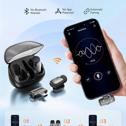 Mini 2 Wireless Lavalier Microphones for iPhone 15/16/17 & Android, 3-Level Noise Reduction, Plug & Play, 36H Battery with Charging Case, Wireless Lapel Mic for Video Recording, Vlogging