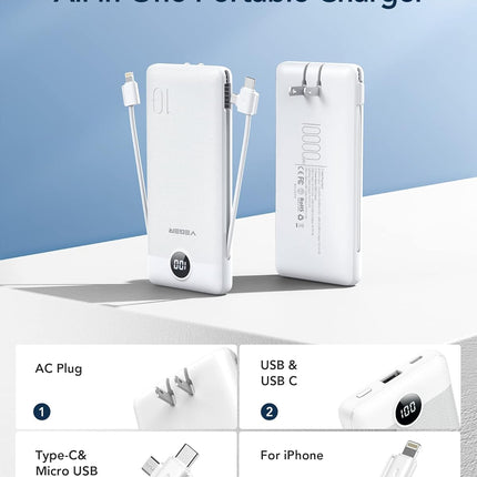 Portable Charger with Built-in AC Plug and Cables, All in One 10000mAh Ultra Slim Power Bank Travel Essentials, Fast Charging Battery Pack Compatible with iPhone, Samsung, Android (White)