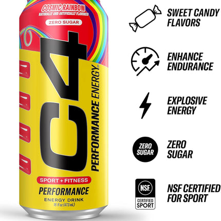 C4 Performance Energy Drink Cosmic Rainbow, Zero Sugar Carbonated Preworkout Energy, 200mg Caffeine with Beta Alanine, 16 Fl Oz (12 Pack), Packaging May Vary