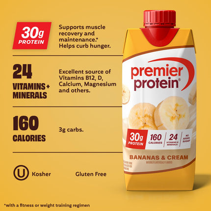 Premier Protein Shake, Bananas & Cream, 30g Protein, No Added Sugar, 24 Vitamins & Minerals to Support Immune Health, 11 fl oz, 4 Pack (Packaging May Vary)