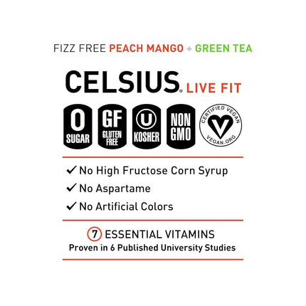 CELSIUS Fizz Free Peach Mango Green Tea, Sugar Free Energy Drink, 12 Fl Oz (Pack of 12)