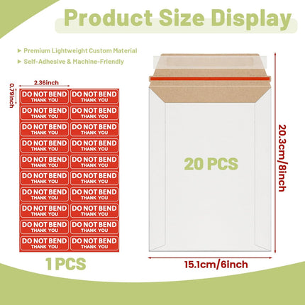 20 Pack Rigid Mailers 6x8 Inch Self Seal Document Mailers, Protective Flat Cardboard Sturdy White Photography Envelopes for Photos, Document, CD, Coins, Stamps