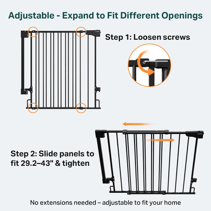 Cumbor 29.2–43" Baby Gate for Stairs, Hardware Mounted (Drill Required), Expandable No Bottom Bar Dog Gate, Auto Close Extra Wide Walk Thru, Pet & Toddler Proof Gate, Top & Bottom of Stairways(Black)