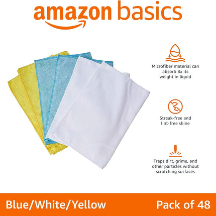 Amazon Basics Microfiber Cleaning Cloths, Highly Absorbent, Scratch-Free, Ultra-Soft, Non-Abrasive, Reusable and Washable, 16" x 12", Blue/White/Yellow, 48-Pack
