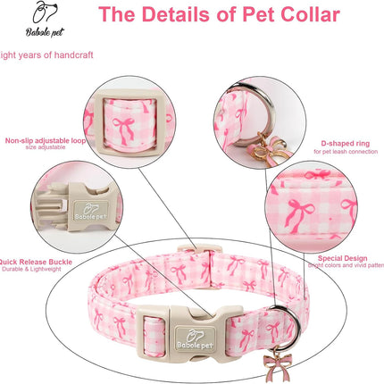 Girl Dog Collar for Puppy Small Dogs - Cute Pink Plaid & Bow Print Spring/Summer Puppy Collar, Soft Adjustable Holiday Female Dog Collars with Quick Release Buckle XS