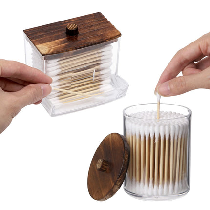 3 Pack Qtips Holder Bathroom Container, 10 oz Cotton Ball/Swabs Dispenser, Apothecary Jar Organizer for Storage Brown Wood Lids