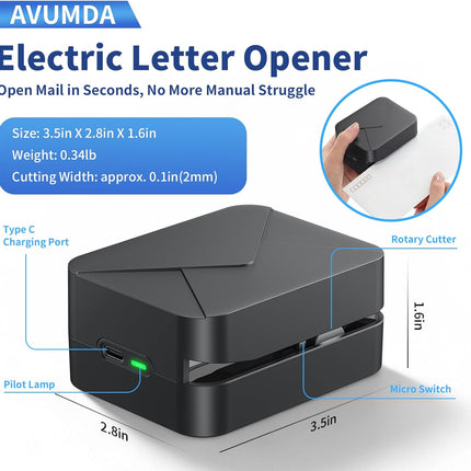 Rechargeable Electric Letter Opener Mail Opener Letter Openers Envelope Slitter Automatic Letter Opener Portable & Safe Blade Design, Universal Envelope Efficient Tool for Office Home (Black)