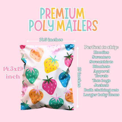 10x13 Colourful and Stylish 50 Pack Poly Mailer Bags with Unique Designs | Waterproof, Tear-Resistant, Durable Shipping Bags Ideal for Gifts, Small Businesses & Secure Packaging | Colorful Strawberry