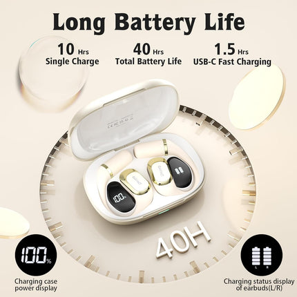 OHAYO Open Ear Headphones,Earbuds with Ergonomic Earhook,Bluetooth Headphones 5.4 with Smart Digital Display,40H Playtime,IPX6 Waterproof,Touch Control Earphones Fit Cycling,Running,Workout(Beige)