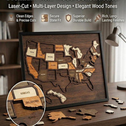 Wooden USA Travel Map Puzzle, Journey Tracker Maps Pin Board for Traveling, for Couple Family Art Home Decor (1pcs)