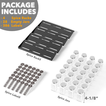 Spice Drawer Organizer with 28 Spice Jars, 386 Spice Labels, 4 Tier Seasoning Rack Tray Insert for Kitchen Drawers, 13" Wide x 17.5" Deep
