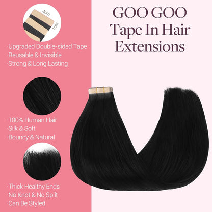 Jet Black Tape-In Human Hair Extensions, 20 Inch, 50g, 20 Pieces - photo 3
