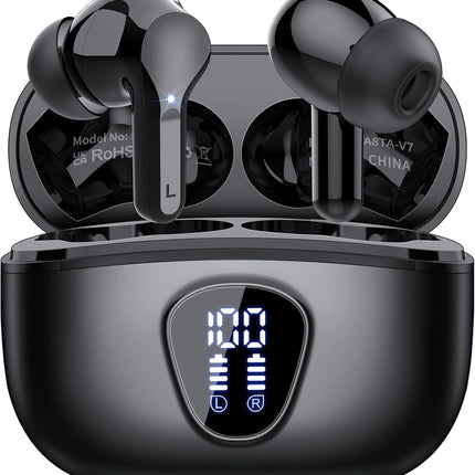 Wireless Earbuds, Bluetooth 5.4 Headphones HiFi Stereo, Bluetooth Earbuds with ENC Noise Cancelling Mic, IP7 Waterproof in Ear Earphones, 48H, LED Display Ear buds for Pad Phones Workout Sports, Black