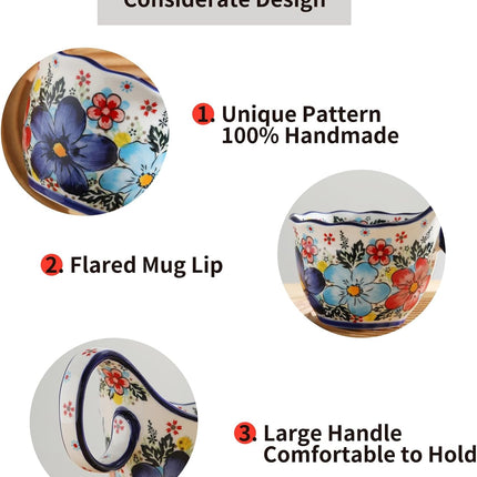 ALMA 18oz Microwavable Soup Bowl with Loop Handle, Handpainted Decorative Mug Big Handle, Ceramic Soup bowl for Mother, Cereal Bowl Great for Fruits, Chili, Stew, Ice cream