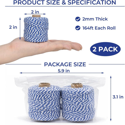 Cotton Twine String,2mm Thick, 164 Feet per Roll, 2 Pack, for Crafts Gift Wrapping Baking Holiday Decor,Royal Blue and White