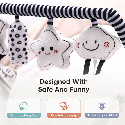 TinlyFinly Baby Bouncer Toy Bar Soft with 4 Hanging Sensory Toys Attachment, Compatible with Baby Bjorn Bouncer, with Mirror, Rattle, Crinkle Sound for Babies All Ages (Black and White Shapes)