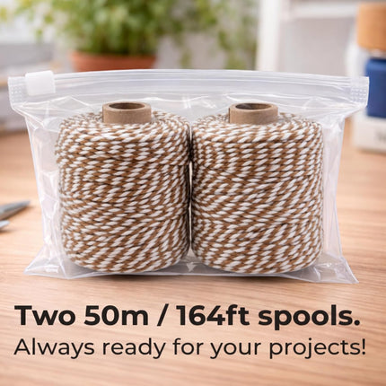 Cotton Twine String,2mm Thick, 164 Feet per Roll, 2 Pack, for Crafts Gift Wrapping Baking Holiday Decor,Tan and White