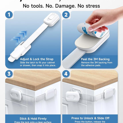 Infinno 12 Pack Cabinet Locks Baby Proofing Heavy Duty - Child Safety Cabinet Locks for Drawers, Cupboards & Fridge – No Drill 3M Adhesive Locks for Pets - Toddler Safety Latches