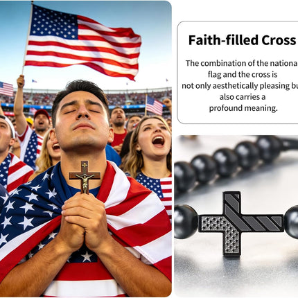 Soccer/Baseball/Basketball/Football Cross Bracelet for Men Boys US Flag Engraved Cross Christian Faith Bracelet Premium for Easter Baptism Birthday in Silver Gift Boxes