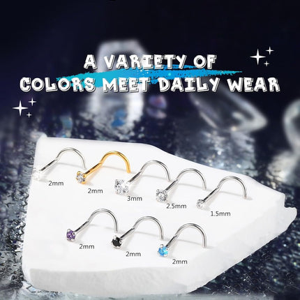 OUFER 925 Sterling Silver Nose Studs, Bone L Screw Shaped Nose Rings, 20G Nostril Solid 2mm Round CZ Nose Piercing Jewelry for Women Men-Screw Shaped