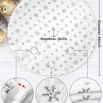 48 Inches Faux Fur Christmas Tree Skirt, Silver Sequin Snowflake