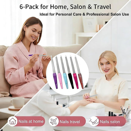 6 Pack Metal Nail File Set for Natural Nails, Professional Stainless Steel Sword Fingernail File with Sharp Tip & Non-Slip Handle, Thin Sapphire Grit Diamond Finger Nail Files for Women & Men
