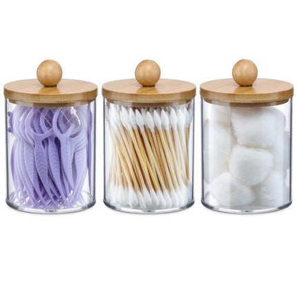 4 Pack Qtip Holder Dispenser with Bamboo Lids - 10 oz Clear Plastic Apothecary Jar Containers for Vanity Makeup Organizer Storage - Bathroom Accessories Set for Cotton Swab, Ball, Pads, Floss