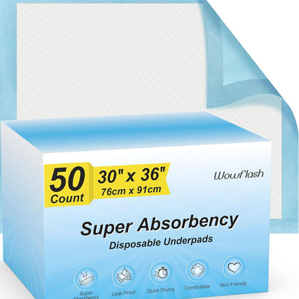 Super Absorbency Disposable Leakproof Underpads with Quick Drying for Baby, Adults, Puppy, Dog Bed Pee Pads, Extra Large, XXL Incontinence Pads, 30” x 36”, 50 Count