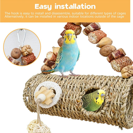 Bird Nest for Cage with Natural Chewing Toys,Hideaway Shelter Hut Parakeet Hanging Bird Tunnel Bed with Handwoven Breathable Seagrass , Small Parakeet Bed for Canary, Budgie Rest & Chew & Play(SD)
