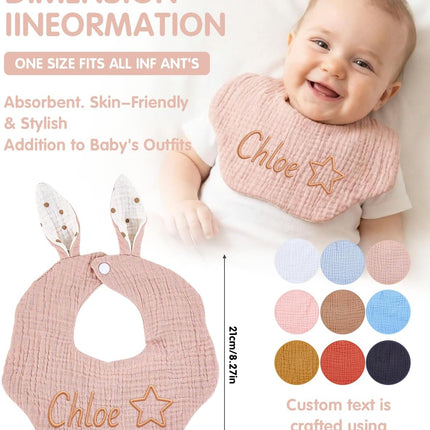 Custom Baby Bib for Boy Girl, Four Layers of Textured Thin Cotton Crepe Bibs for Eating Drool Feeding, Bunny Ears Petal Bibs with Name for Newborn, Birthday, Prenatal Gift, Children's Day