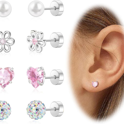 Hypoallergenic Earrings for Girls Toddler Surgical Steel Screw Flat Back Earrings for Sensitive Ears Women14K Gold Silver Earring Cute Heart Flower Pearl Star Stud Earring Sets