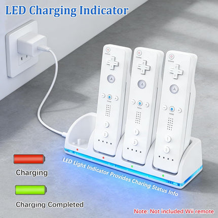 4-in-1 Wii Remote Charging Station with 4X 2800mAh Rechargeable Batteries & USB Charging Cord, LED Indicator Charging Dock for Wii/Wii U Controllers (Remotes Not Included)