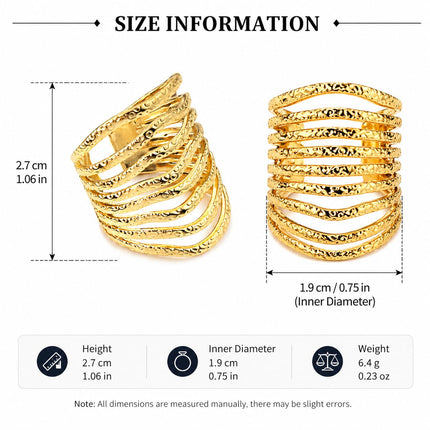 Gold Multi Layer Statement Ring for Women, Wide Band Open Finger Ring, Textured Stack Look Ring, Bold Minimalist Fashion Jewelry for Daily Wear Party